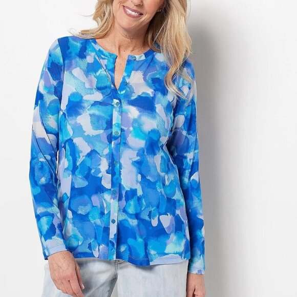 LOGO Lori Goldstein Stretch Mesh Cardigan XL Blue Watercolor Sheer Beach Top - Picture 2 of 14